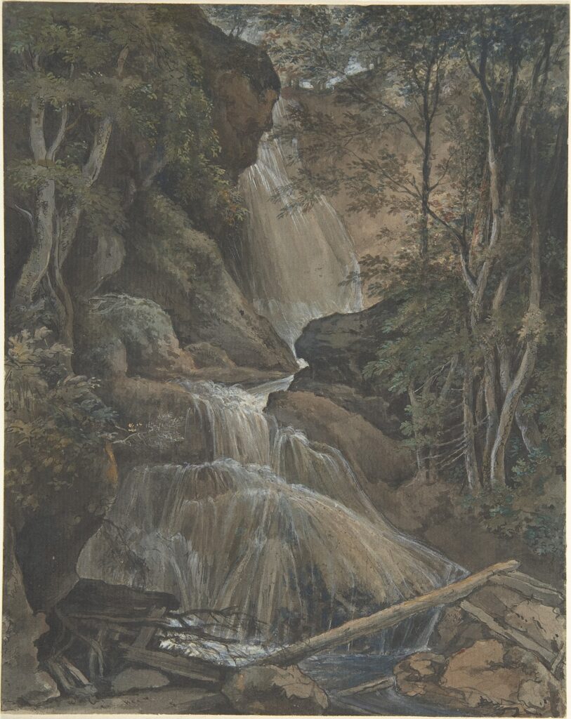 Waterfall flowing over mossy rocks in a forest